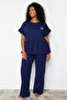 Lacivert Örme Nakışlı Volanlı Pijama Takımı TBBSS22PT0565