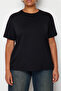 Siyah Boyfriend Fit Yanda Çıt Çıt Detaylı %100 Pamuk Örme Büyük Beden T-shirt TBBSS24BF00000 - 4
