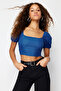 Indigo Brode Balon Kol Crop Dokuma Bluz TWOSS24BZ00236
