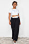 Siyah Yüksek Bel Kontrast Asimetrik Kemerli Wide Leg Dokuma Pantolon TBBSS24AR00016 - 2