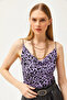 Women's Leopard Lilac Degaje Collar Rope Strap Blouse BLZ-19000987 - 3