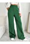 Green Atlas Woven Fabric Front Striped Palazzo Trousers - 2