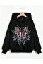 Gothic Heart Printed Oversize Zippered Black Unisex Hooded Cardigan