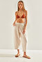 Women's Beige Elastic Waist Linen Trousers with Pockets 60101050