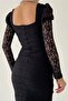 Black Lace Fabric Drape Detail Front and Back Square Collar Design Midi Dress 215 - 3