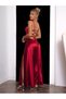 Deep Slit Corseted Strappy Degaje Engagement Invitation Wedding Evening Dress Thick Satin Dress - 3
