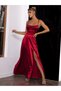 Deep Slit Corseted Strappy Degaje Engagement Invitation Wedding Evening Dress Thick Satin Dress