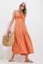 Women's Melon Inner Adjustable Strap Gabardine Linen Dress with Pleated Front and Back Zipper ALC-X11650 - 4