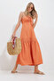 Women's Melon Inner Adjustable Strap Gabardine Linen Dress with Pleated Front and Back Zipper ALC-X11650 - 2