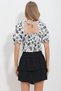 Women's Black-White Square Collar Watermelon Sleeve Elastic Crop Linen Blouse ALC-X11651 - 5