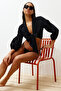 Siyah Dokuma Bağlamalı Plaj Crop Bluz TBESS24BZ00006 - 9