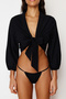 Siyah Dokuma Bağlamalı Plaj Crop Bluz TBESS24BZ00006 - 10