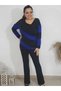 LARGE SIZE FULL LYRICAL BOAT COLLAR LONG SLEEVE BOW TIE COLORFUL SEASONAL SANDY FABRIC TREND BLUZ - 3