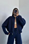 Women's Navy Blue Three Thread Raised Flare Leg Tracksuit Set - 3