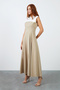 Shirt Collar Zero Sleeve Beige Long Dress - 3