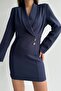 Women's Jacket Collar Double Breasted Pattern Long Sleeve Padded Navy Blue Jacket Dress 2122 - 2