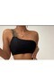 Women's Black Single Shoulder Ribbon Embroidery Rubber Detailed High Waist Lined Stylish Plus Size Bikini Top