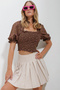 Women's Brown Square Collar Watermelon Sleeve Elastic Crop Linen Blouse ALC-X11651 - 4