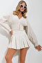 Women's Beige V-Neck Elastic and Buttoned Raw Linen Crop Blouse ALC-X11656 - 3