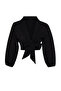 Siyah Dokuma Bağlamalı Plaj Crop Bluz TBESS24BZ00006 - 13