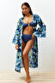 Plaj Giyim %100 Pamuk Çiçek Desenli Dokuma Kuşaklı Maxi Kimono&Kaftan TBESS24KM00014
