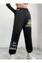High Waist Elastic Leg Happy Bear Jogger Sweatpants - Black Printed - 3