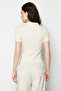 Beige Polo Neck Buttoned Short Sleeve Stretchy Ribbed Knitted Blouse TWOSS24BZ00111 - 6