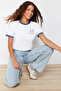 Ekru %100 Pamuk Nakışlı Kontrast Biye Detaylı Örme T-Shirt TWOSS24TS00037