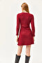 Women's Claret Red Crew Neck Skirt Flared Ribbed Dress ELB-19002029 - 5