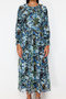 Black Blue Floral Belt Detailed Woven Dress TCTSS24EB00045 - 4