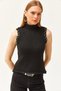 Women's Black Stand Collar Stone Detailed Soft Textured Knit Sweater KZK-19000804