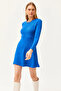 Women's Cobalt Blue Crew Neck Skirt Flared Ribbed Dress ELB-19002029 - 2
