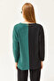Women's Black Green Blocked Shirted Loose Blouse BLZ-19002519 - 5