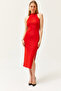 Women's Red Halter Neck Full Lycra Slit Midi Dress ELB-19002055
