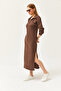 Women's Bitter Brown Polo Collar Slit Ribbed Midi Dress ELB-19002050 - 3