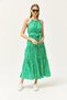 Women's Polka Dot Green Halter Neck Belted Woven Viscose Dress ELB-19001548 - 2