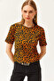 Women's Leopard Orange Corded Crop Knitted T-Shirt TSH-19000328