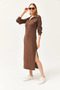 Women's Bitter Brown Polo Collar Slit Ribbed Midi Dress ELB-19002050 - 2