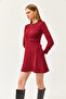Women's Claret Red Crew Neck Skirt Flared Ribbed Dress ELB-19002029 - 4