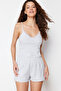 Gri Melanj Dantelli İp Askılı Fitilli Şortlu Örme Pijama Takımı THMSS24PT00080