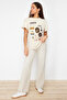 Taş %100 Kalın Pamuklu Baskılı Oversize Kalıp Bisiklet Yaka Örme T-Shirt TWOSS23TS00282 - 2