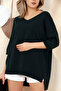 V-Neck Half-Quarter Sleeve Back Long Front Short Slit Loose Cut Seasonal Basic Loose Knitwear Sweater - 4
