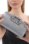 Platinum Color Satin Fabric Flower Motif Stone Hand and Strap Evening Dress Portfolio Clutch Evening Bag