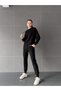 Women's Modal Fabric Black Hooded Kangaroo Pocket Cuffed Leg Tracksuit Set - 2