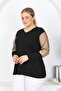 WOMEN'S BLACK V-NECK SLEEVE STAR EMBROIDERED BLUZ - 2