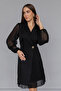 Double Breasted Jacket Collar Pleat Detailed Wrap Cut Sleeves Tulle Long Sleeve Black Evening Dress 24K2169 - 5