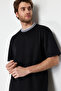 Premium Siyah Oversize/Geniş Kesim Triko Bantlı Dokulu Pike T-Shirt TMNSS23TS00079 - 4