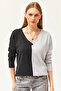 Women's Black Gray Blocked Shirted Loose Blouse BLZ-19002519 - 2