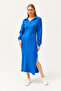 Women's Cobalt Blue Polo Neck Slit Ribbed Midi Dress ELB-19002050 - 2