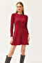 Women's Claret Red Crew Neck Skirt Flared Ribbed Dress ELB-19002029 - 3